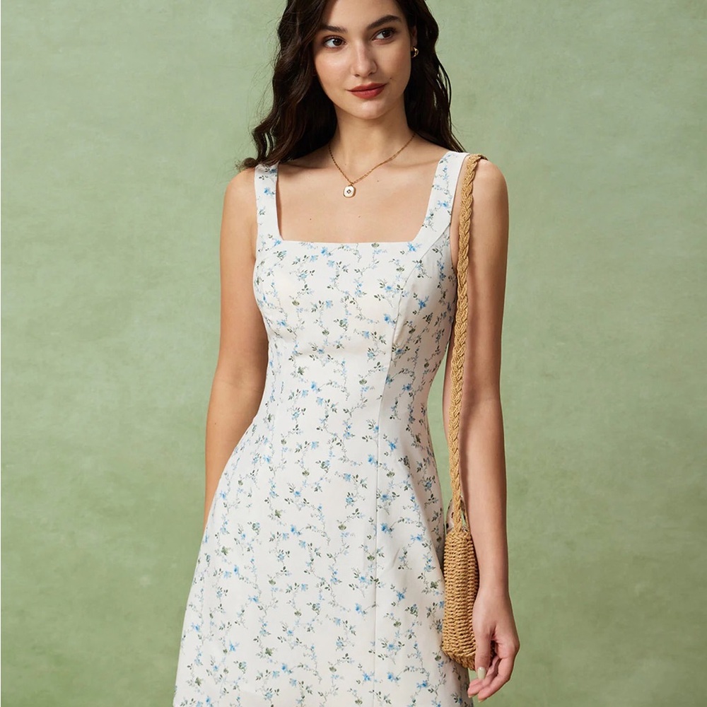 White Floral Square Neck Slip Mini Dress